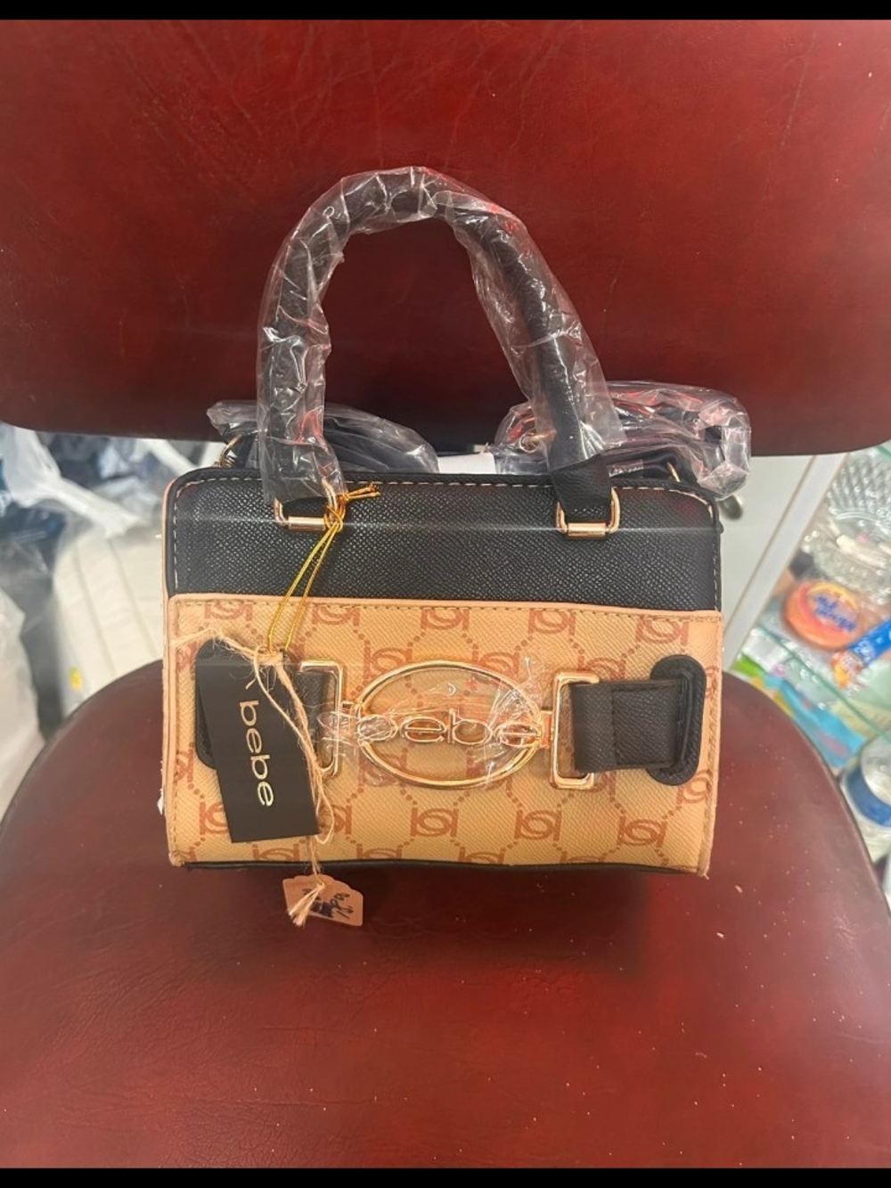 bebe Beige & Black Logo Mini Satchel with Gold Hardware